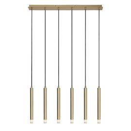 ​Lustra, corp din metal si abajururi acrilice transparente, sase capete cilindrice, forma tubulara si diametru redus, aranjate linear, unul langa altul, G9, 5 W, IP20, 1200 x 770 x 80 mm, auriu - - Roveli