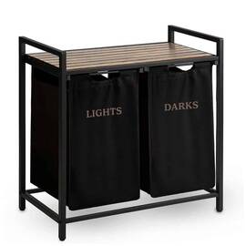 ​Cos de rufe DacEnergy©, raft din lemn, cadru din otel, material textil, 2 compartimente pentru sortarea, 74 x 72 x 33 cm, negru - - Roveli