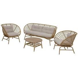 ​Set mobilier gradina DacEnergy©, realizat din rachita artificiala cu cadru metalic, 1 masa, 1 banca si 2 scaune, fix, 4 persoane, cu perne, maro si crem - - Roveli
