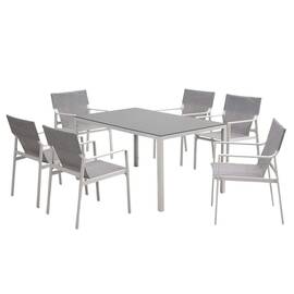 ​Set mobilier gradina DacEnergy©, realizat din metal, masa dreptunghiulara cu blat din sticla, 150 x 90 x 74 cm, 6 scaune, interior / exterior, alb si gri - - Roveli