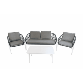 ​Set mobilier gradina DacEnergy©, din aluminiu si franghie PE, cu perne, 2 fotolii, o canapea cu 2 locuri, o masa, forma dreptunghiulara, gri albastrui si alb - - Roveli