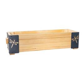 Jardiniera din lemn, cu insertii metalice in forma de libelule, interior/exterior, forma dreptunghiulara, 80 x 20 x 27 cm, natur si gri - - Roveli