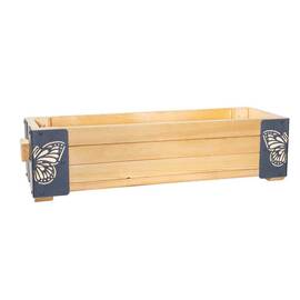 ​Jardiniera din lemn, cu insertii metalice in forma de fluturi, interior/exterior, forma dreptunghiulara, 80 x 20 x 27 cm, natur si gri - - Roveli