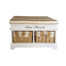 Bancă cu pernă, 2 coşuri de răchită, alb/miere/imprimeu, SEAT BENCH 4 - - Roveli