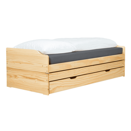 Pat cu module suplimentare extensibile, culoare naturală, lemn masiv, 90x200, FLOPY - - Roveli