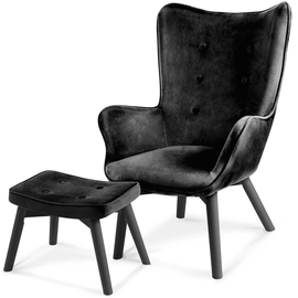 Set fotoliu de relaxare cu taburet DacEnergy©, material velur, picioare din lemn de fag, negru - - Roveli