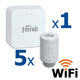 Kit controler gateway si 5 capete termostat smart pentru calorifer Ferroli Wi-Fi, control de la distanta, siguranta pentru copii, detectare fereastra deschisa, afisaj digital, programabil, alb - - Roveli