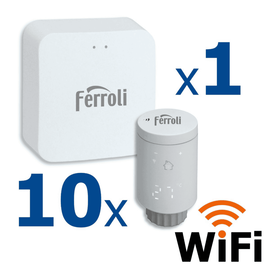 Kit controler gateway si 10 capete termostat smart pentru calorifer Ferroli, Wi-Fi, control de la distanta, siguranta pentru copii, detectare fereastra deschisa, afisaj digital, programabil, alb - - Roveli