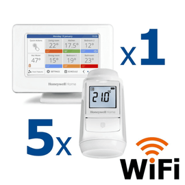 Kit termostat de ambient si 5 capete termostat smart pentru calorifer Honeywell Home, Wi-Fi, control de la distanta, siguranta pentru copii, detectare fereastra deschisa, protectie la inghet, afisaj digital - - Roveli