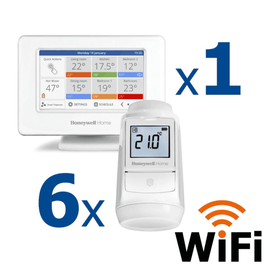 Kit termostat de ambient si 6 capete termostat smart pentru calorifer Honeywell Home, Wi-Fi, control de la distanta, siguranta pentru copii, detectare fereastra deschisa, protectie la inghet, afisaj digital - - Roveli