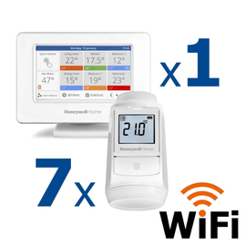 Kit termostat de ambient si 7 capete termostat smart pentru calorifer Honeywell Home, Wi-Fi, control de la distanta, siguranta pentru copii, detectare fereastra deschisa, protectie la inghet, afisaj digital - - Roveli