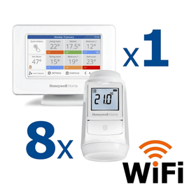 Kit termostat de ambient si 8 capete termostat smart pentru calorifer Honeywell Home, Wi-Fi, control de la distanta, siguranta pentru copii, detectare fereastra deschisa, protectie la inghet, afisaj digital - - Roveli