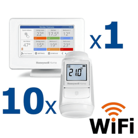 Kit termostat de ambient si 10 capete termostat smart pentru calorifer Honeywell Home, Wi-Fi, control de la distanta, siguranta pentru copii, detectare fereastra deschisa, protectie la inghet, afisaj digital - - Roveli