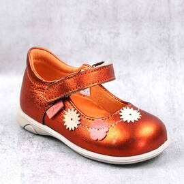 Pantofi usori , de copii , din piele naturala , decorati cu flori  PRIMII PASI  7186-PORTOCALIU/9 - - Roveli