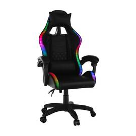 Scaun gaming DacEnergy©, tapitat cu imitatie piele, cu iluminare LED RGB, inaltimea si spatarul reglabil, cu perne in zona lombara si a capului, tetiera detasabila, 64x 60x 127-137 cm, negru - - Roveli
