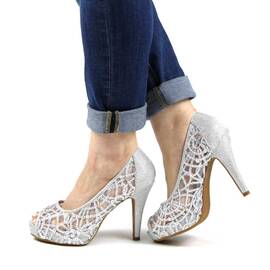 ​Pantofi de dama eleganti cu platforma si toc inalt, cu paiete si insertii argintii A1281-SILVER - - Roveli