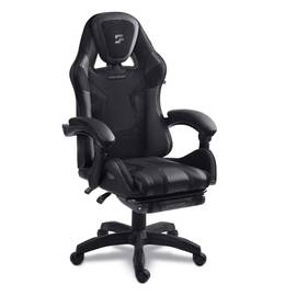 Scaun de gaming, suport extensibil pentru picioare, functie de inclinare a spatarului, reglare a inaltimii, ergonomie, inaltime totala maxima 121 cm, negru - - Roveli