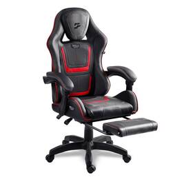 Scaun de gaming, suport extensibil pentru picioare, functie de inclinare a spatarului, reglare a inaltimii, ergonomie, inaltime totala maxima 121 cm, negru si rosu - - Roveli