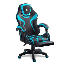 Scaun de gaming, suport extensibil pentru picioare, functie de inclinare a spatarului, reglare a inaltimii, ergonomie, inaltime totala maxima 121 cm, negru si albastru - - Roveli