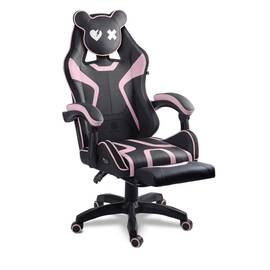 Scaun de gaming, suport extensibil pentru picioare, functie de inclinare a spatarului, reglare a inaltimii, ergonomie, inaltime totala maxima 121 cm, negru si roz - - Roveli