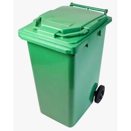 Pubela mobila DacEnergy©, construita din plastic, cu roti, rezistent la actiunea razelor ultraviolete, frig, caldura, capac plat cu deschidere la 270 grade, 240 L, 736 x 579 x 1030 mm, verde - - Roveli