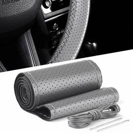 Husa volan din PIELE GRI + ATA GRI, diametru 37 - 39 cm (se coase, aspect ORIGINAL) - - Roveli