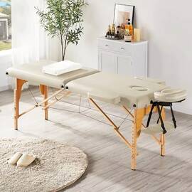 Masa de masaj pliabila, 2 zone, cadru lemn, spuma 5cm, inaltime 55-76cm, piele ecologica, dimensiuni 60x213cm, culoare Crem - - Roveli