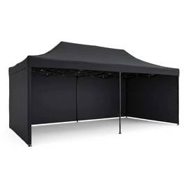 Pavilion de gradina, cu 3 pereti, fabricat din PVC, constructie din otel, acoperisul din PVC 1280D – 100% impermeabil, filtru UV UPF50+, 3 x 6 m, negru - - Roveli