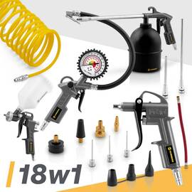 Trusa de scule pneumatice cu 18 piese pentru compresor, cablu flexibil de 40 cm, cablu spiralat de 5 m, pistol de vopsit 600 ml, pistol de intretinere 1 l, manometru - - Roveli