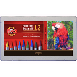 Creioane colorate fara lemn KOH-I-NOOR Progresso Aquarell, cutie metalica, 12 culori/set - - Roveli