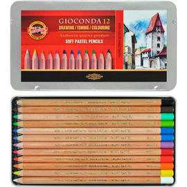 Creioane pastel uscat KOH-I-NOOR Gioconda in cutie metalica, 12 culori/set - - Roveli