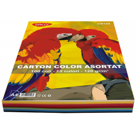 Carton colorat A4, 10 culori/top, DACO, 120 g/mp, 100 coli/top - - Roveli