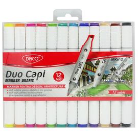 Marker grafic DACO Duo Capi, 12 culori/set - - Roveli