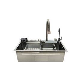Chiuveta bucatarie multifunctionala cu doua baterii, otel inoxidabil, afisaj digital temperatura, doua cascade, spalator pahare, scurgator, tava, tocator si accesorii scurgere incluse, 75x46x23.5cm Cod: DISMT03 - - Roveli