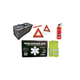 Kit siguranta auto complet  Trusa cutie Neagra  , 2x Triunghiuri, Stingator, Vesta, Geanta - - Roveli
