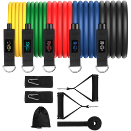 Set antrenament extensor cu 11 accesorii,  5 benzi tubulare elastice, 2 manere, 2 chingi picioare, 1 ancora pentru usa si 1 saculet transport - - Roveli