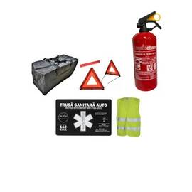 Kit siguranta auto complet trusa cutie neagra omologata RAR 2 triunghiuri vesta geanta stingator fara manometru - - Roveli
