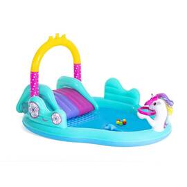 Centru de joaca copii Bestway, gonflabila, confectionat din PVC, cu tobogan, bagheta magica, 6 mingi, kit de reparatie, 274 x 195 x 137 cm, 220 litri - - Roveli