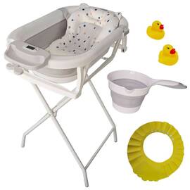 Cadita pliabila gri cu suport metalic KidsCare, termometru, perna reductor, jucarii, protectie cap, cana pliabila - - Roveli