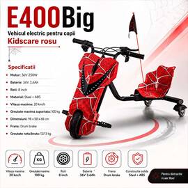 Tricicleta electrica Drift 360 KidsCare E400Big pentru copii, motor 250W, viteza 20 km/h, baterie 36V 3.6Ah, lumini LED, rosu, kit de protectie inclus - - Roveli