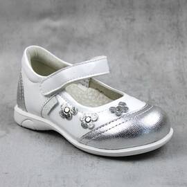 Pantofi usori , de copii , decorati cu flori , din piele naturala 1793-ALB/ARGINTIU, Culoare (12): Alb, Marime (12): 26 - - Roveli