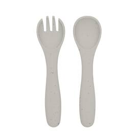 Set din silicon pentru primele mese: lingurita si furculita, Platinum Sand - - Roveli
