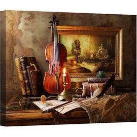 Tablou canvas - Natura Moarte Cu Vioara, Muzica, Vioara, Batran, Carte, Lumanare, Unealta, 75 x 100 cm - - Roveli