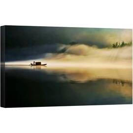 Tablou canvas - Ceata se Presara Peste Raul de Est, Peisaj, Barca, Persoana, Calm, Senin, 50 x 100 cm - - Roveli