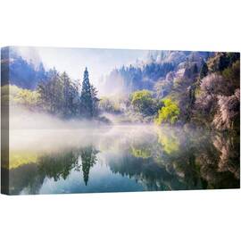 Tablou canvas - Dimineata Calma, Panorama, Verde, Ceata, Abur, Ceata, Apa, 50 x 100 cm - - Roveli