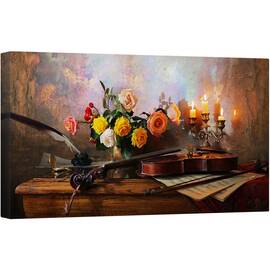 Tablou canvas - Natura Moarta, Flori, Muzica, Camera, Clasic, Vioara, Trandafiri, 50 x 100 cm - - Roveli