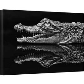 Tablou canvas - Oglinda, Animal, Taratoare, Alb-Negru, Oglinda, Crocodil, Aligator, 60 x 90 cm - - Roveli