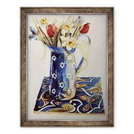 Tablou inramat - Joan Thewsey - Lalele, Iris si Narcis intr-un ulcior de email albastru cu o tigla italiana, 60 x 80 cm - - Roveli
