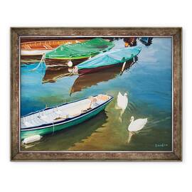 Tablou inramat - Tony Fandino - Barci pe Tamisa la Richmond cu lebede, 60 x 80 cm - - Roveli