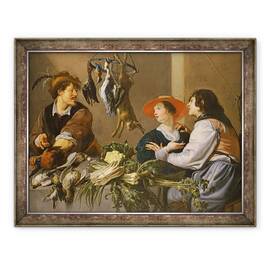 Tablou inramat - Theodor Rombouts - Vanzatorii de jocuri si legume, 60 x 80 cm - - Roveli